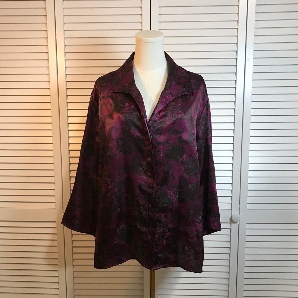 Covington Vintage Retro Plum Satin Floral Jacquard Tunic Blouse 20-22W